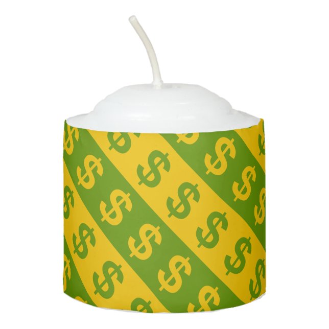 Green & Yellow Dollar Signs Striped Pattern Candle (Front)
