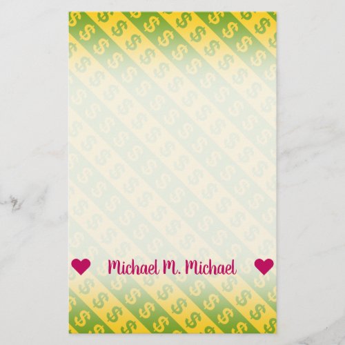 Green  Yellow Dollar Signs  Striped Pattern Stationery