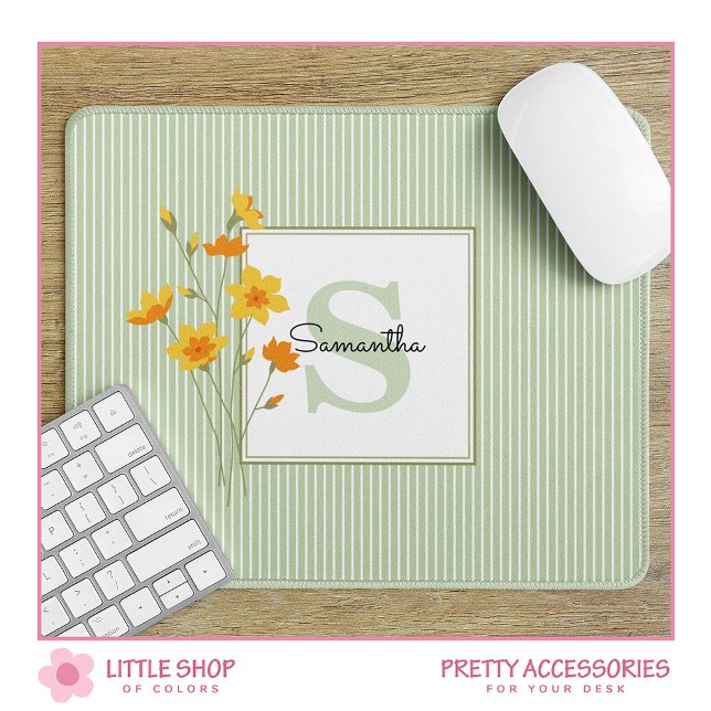 Green Yellow Floral Stripes Monogrammed Mouse Pad (Creator Uploaded)