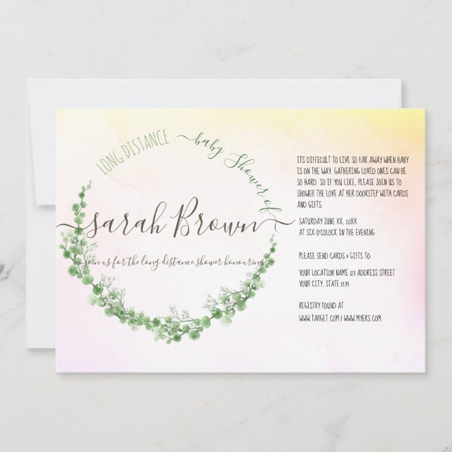 GREEN & YELLOW FOLIAGE  LONG DISTANCE BABY SHOWER INVITATION (Front)