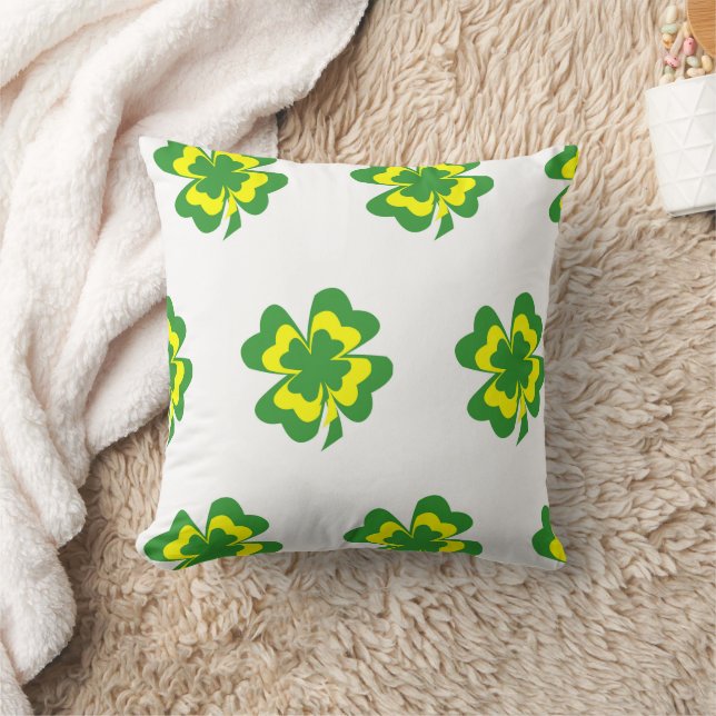 Green Yellow Four Leaf Clover Minimal Throw Pillow (Blanket)
