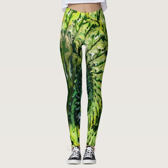  Green Yellow Fractal Art Leggings (Front)