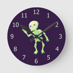 Green Yellow Glow Cute Skeleton Waving Art Round Clock
