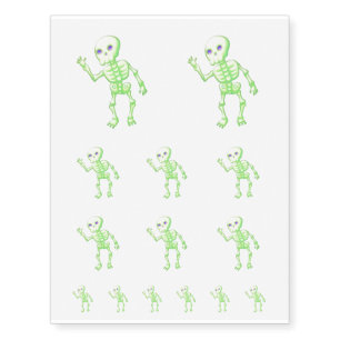 Green Yellow Glow Cute Skeleton Waving Art Temporary Tattoos