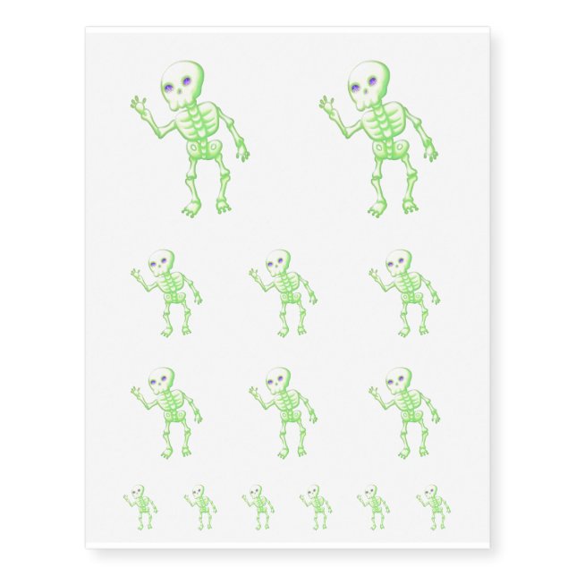 Green Yellow Glow Cute Skeleton Waving Art Temporary Tattoos (Front)