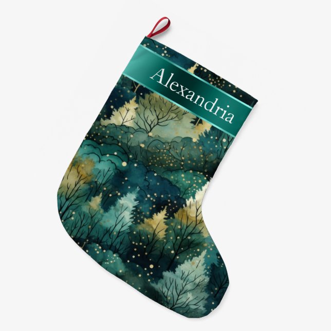 Green Yellow Gold Trees Christmas Name Large Christmas Stocking (Front (Hanging))