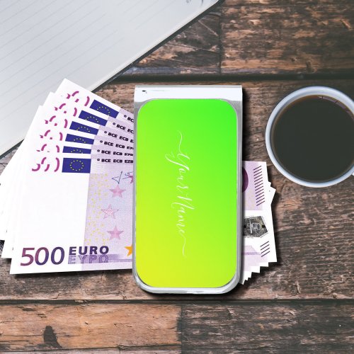 green  yellow gradient  _ personalized silver finish money clip