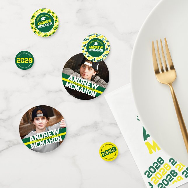 Green & Yellow Graduation Photo Personalized Party Confetti (Green & Yellow Graduation Photo Table Confetti From Our Repeating Class Year Collection)