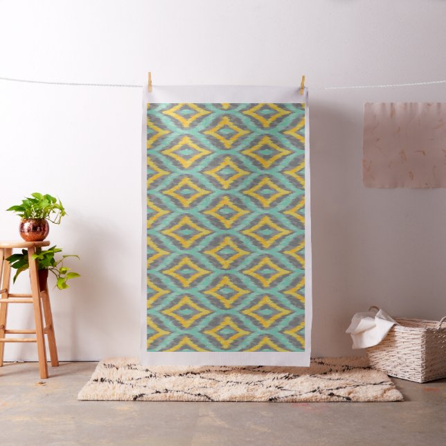 Green & Yellow & Gray Quatrefoil Ikat  Fabric (In Situ)