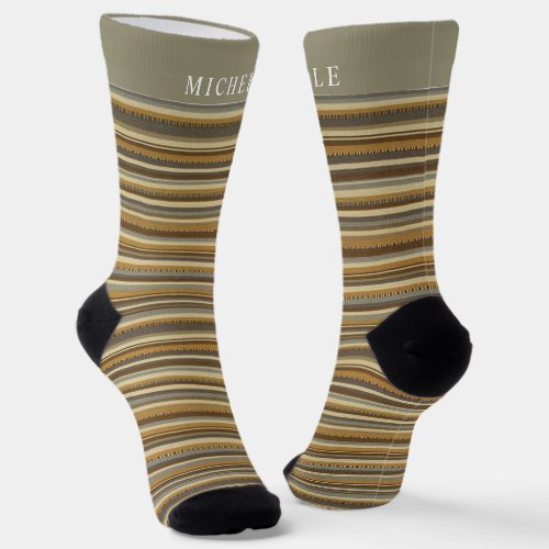 Green Yellow Grey Lines Striped Custom Name  Socks