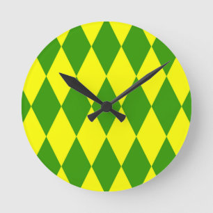 Green Yellow Harlequin Checkered Design  Round Clock