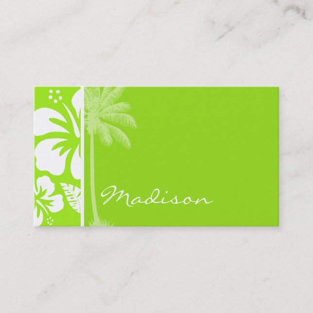 Green-Yellow Hawaiian Tropical Hibiscus; Palm Business Card (Front)