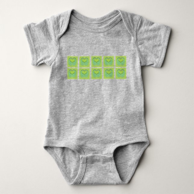 Green & Yellow Heart Rows Baby Bodysuit (Front)