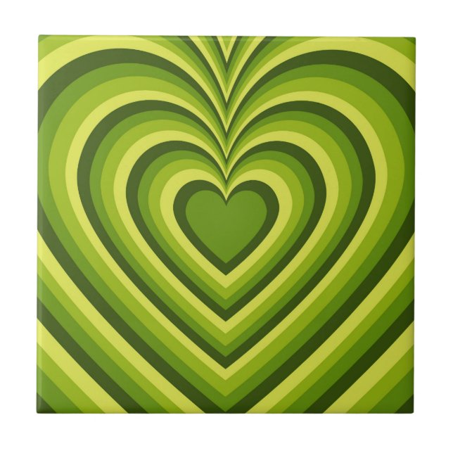 Green Yellow Hypnotic Heart Love Pattern Ceramic Tile (Front)