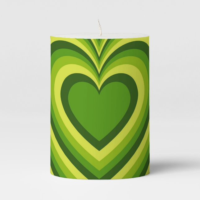 Green Yellow Hypnotic Heart Love Pattern Pillar Candle (Front)