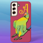 Green Yellow Indian Ringneck Parrot Monogram Bird Samsung Galaxy S22 Case<br><div class="desc">Add any monogram to this fun Indian Ringneck case for a personalized accessory to please any parrot lover. The cartoon bird strikes that crazy pose IRN parakeets do when something exciting is happening. For maximum pop, the green and yellow birb with sharp black outline is placed on a magenta background,...</div>