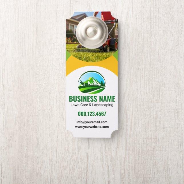 Green Yellow Landscaping Mowing Business Door Hanger (On Knob)