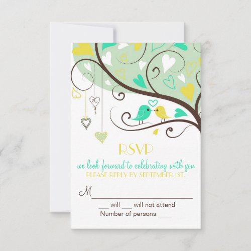 Green  Yellow Lovebirds RSVP Wedding Card Invite