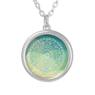 Green Yellow Mandala Inspiration Harmony Flower Silver Plated Necklace