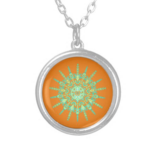 GREEN YELLOW MANDALA SILVER PLATED NECKLACE