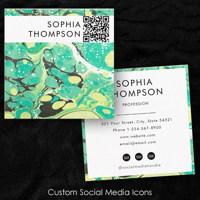 Green Yellow Marble Abstract QR Code Social Media Square Business Card (Green Yellow Marble Abstract QR Code Social Media Square Business Card)