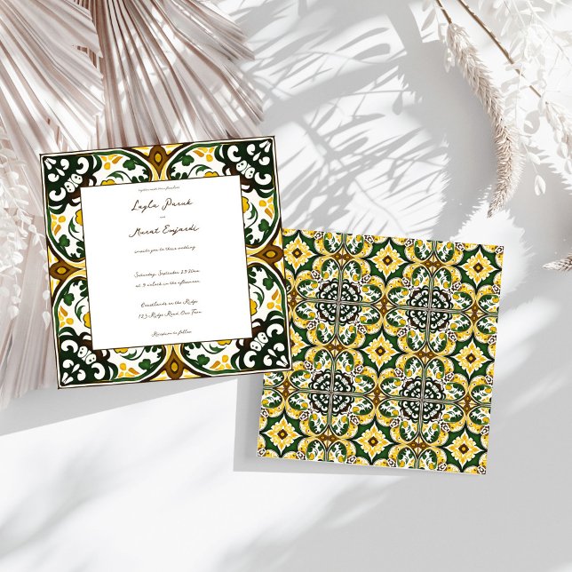 Green yellow Mediterranean ornate tile wedding Invitation (Green yellow Portuguese Mediterranean folk art art ornate tile wedding Invitation template download)
