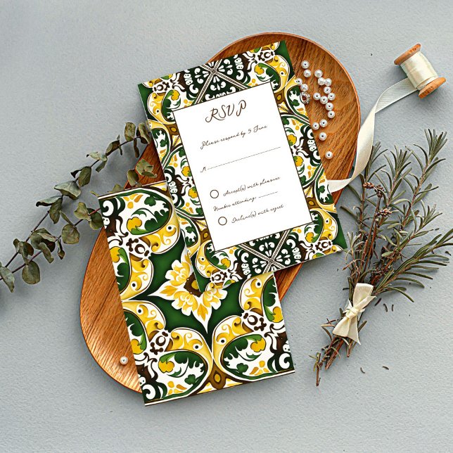 Green yellow Mediterranean tiles wedding RSVP (Green yellow Portuguese Mediterranean tiles ornate folk pattern handwritten  wedding RSVP cards )