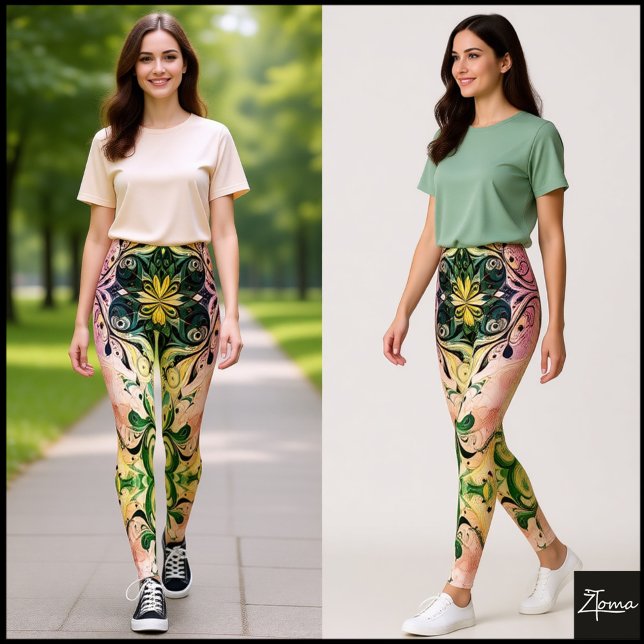 Green Yellow Mirrored Ornamental Swirl Pattern Leggings (Creator Uploaded)