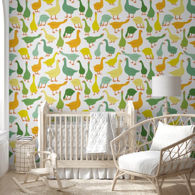 Green & Yellow Modern Geese Seamless Pattern Wallpaper (Kids)