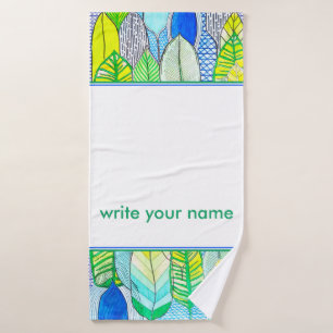Green Yellow Modern Tropical Boho Monogram name Bath Towel Set