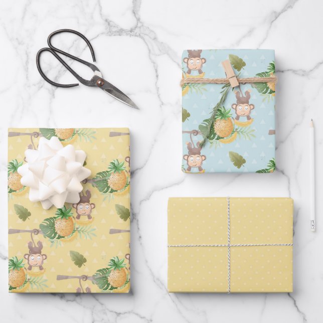 Green Yellow Monkey Tree Baby Shower Wrapping Paper Sheets (Front)