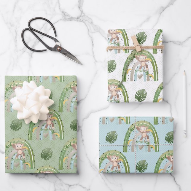 Green Yellow Monkey Tree Rainbow Baby Shower Wrapping Paper Sheets (Front)