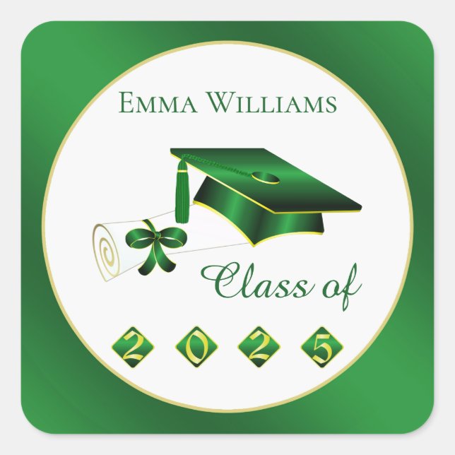 Green Yellow Mortar Diploma Class of 2025 Square Sticker (Front)