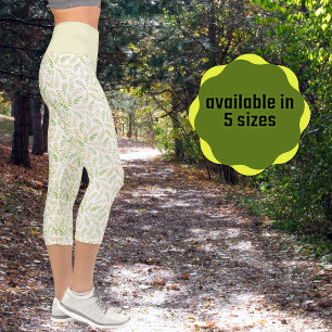 Green Yellow Nature Fern Leaf Pattern On White Capri Leggings
