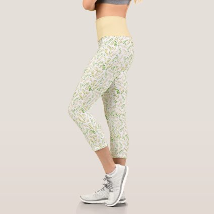 Green Yellow Nature Fern Stems Pattern On White Capri Leggings