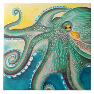 Green Yellow Octopus Watercolor Art Ceramic Tile