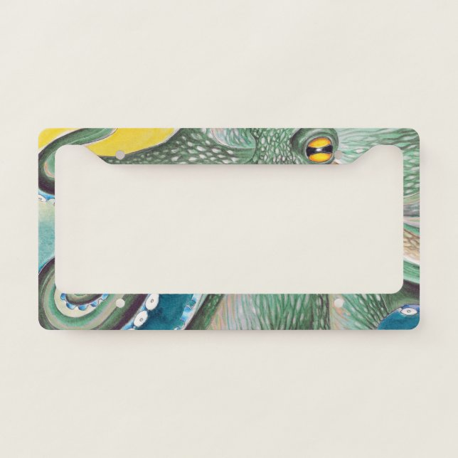 Green Yellow Octopus Watercolor Art License Plate Frame (Front)