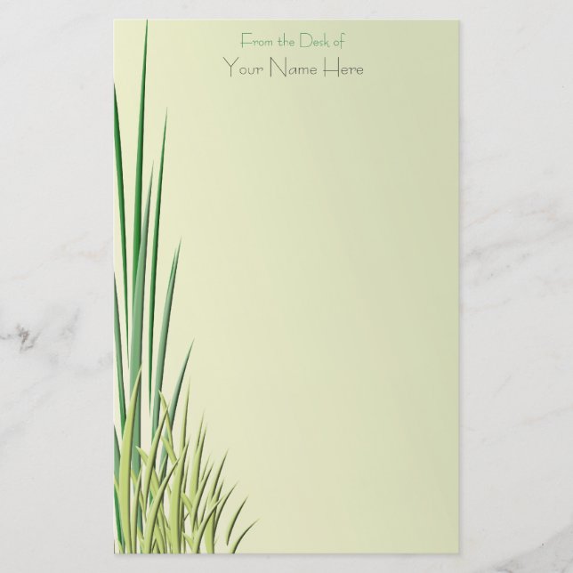 Green Yellow Ombre Stalk Grass Border Custom Name Stationery (Front)