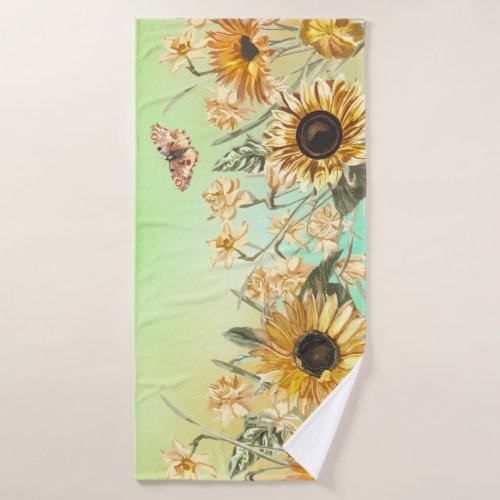 Green Yellow Ombre Watercolor Background Sunflower Bath Towel Set
