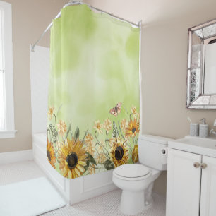 Green Yellow Ombre Watercolor Background Sunflower Shower Curtain