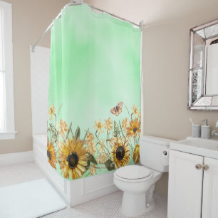 Green Yellow Ombre Watercolor Background Sunflower Shower Curtain