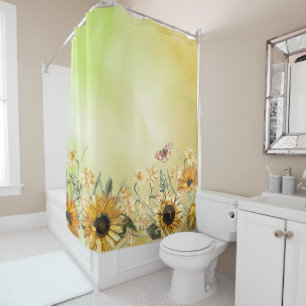 Green Yellow Ombre Watercolor Background Sunflower Shower Curtain