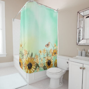 Green Yellow Ombre Watercolor Background Sunflower Shower Curtain