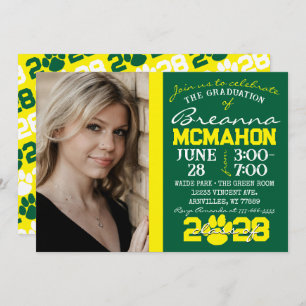 Green & Yellow Pawprint Graduation Photo Invitation