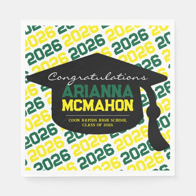 Green & Yellow Personalized Graduation Cap Paper Napkins (Front)