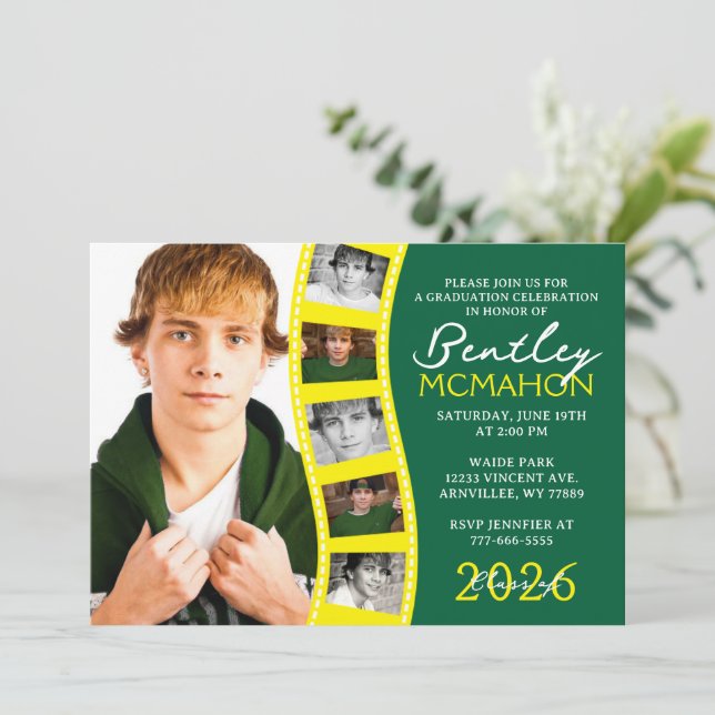 Green & Yellow Photo Filmstrip Graduation Collage Invitation (Standing Front)