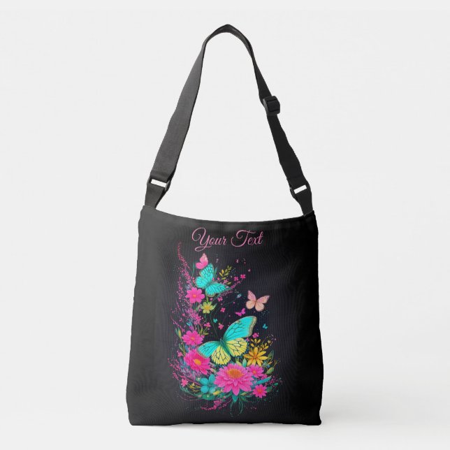 green yellow pink Butterflies flowers nature Crossbody Bag (Front)