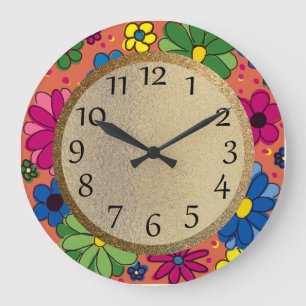 Green Yellow PInk Hand Drawn Flowers Orange Child Large Clock