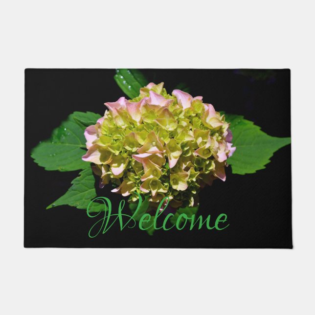 Green yellow pink Hydrangea pink yellow flower Doormat (Front)