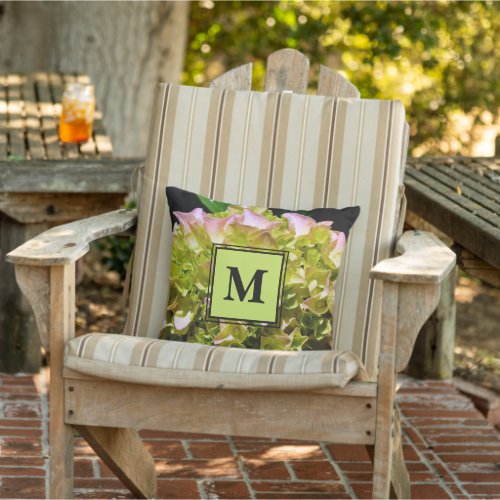 Green yellow pink Hydrangea pink yellow flower Outdoor Pillow